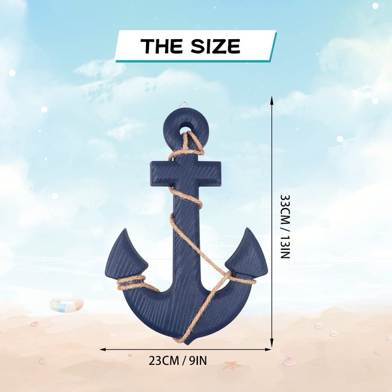 Meching عبوة 2 من عجلة سفينة خشبية بحرية 11" ومرساة خشبية 13" مع حبل زينة بحرية وزخرفة جدارية على شكل عجلة توجيه مرساة لموضوع الشاطئ في ديكور المنزل (أزرق) - Image 3